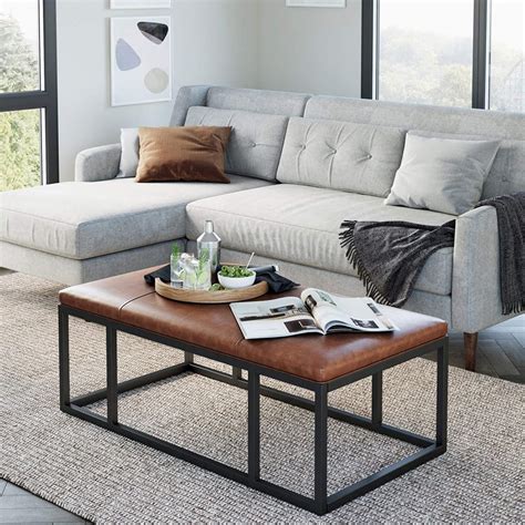 Modern Leather Ottoman Coffee Table Rectangle Open Base For