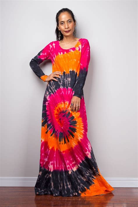 Long Sleeve Tie Dye Dress Hippie Festival Dress Rainbow Maxi Dress Colourful Summer Dress