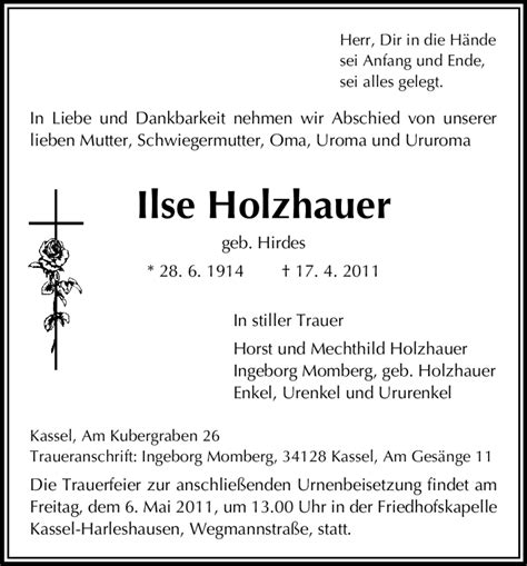 Traueranzeigen Von Ilse Holzhauer Trauer Hna De