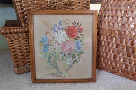 Vintage Embroidery Framed Embroidered Picture Floral Embroidery Vase Of Flowers Original