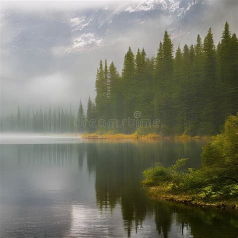 A Tranquil Lake With A Misty Fog Hovering Above The Surface1