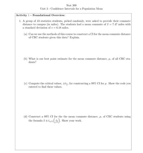 Solved Unit Confidence Intervals For A Population Mean Chegg