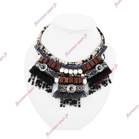 Collier Plastron Ethnique Tribal Tissu M Tal Argent Noir Gris Marron