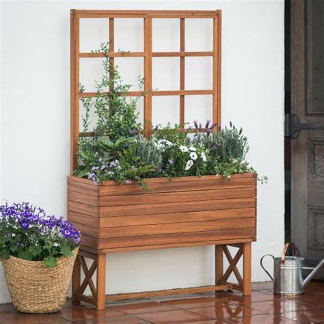 Modern Solid Wood Elevated Planter Box with Trellis