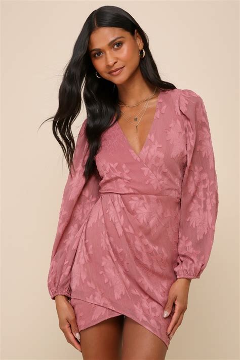 Mauve Floral Dress Jacquard Long Sleeve Dress Mini Dress Lulus