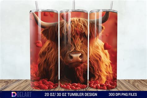 3D Highland Cow Valentine Tumbler Wrap 2 Graphic By DelArtCreation