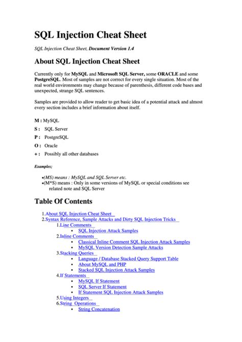 Sql Injection Cheat Sheet Printable Pdf Download