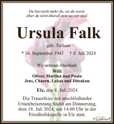 Traueranzeigen Von Ursula Falk Vrm Trauer De