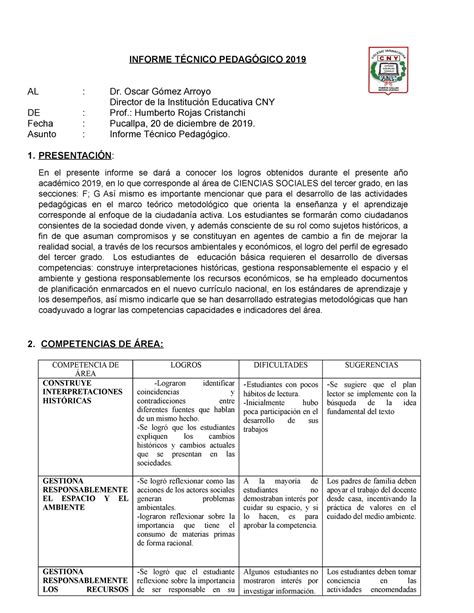 Informe Tecnico CC SS 2019 INFORME TÉCNICO PEDAGÓGICO 2019 AL Dr