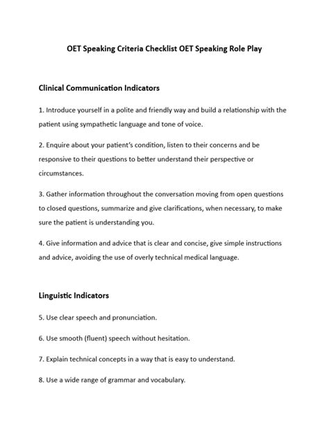 Oet Speaking Criteria Checklist Oet Speaking Role Play Pdf