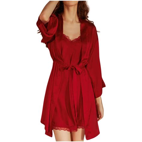 Womens Satin Sexy Dressing Gown With Nightdress Two Piece Sleepwear Bathrobe Short Negligee Set