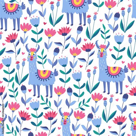 Seamless Pattern With Funny Colorful Lamas And Flowers On White Great