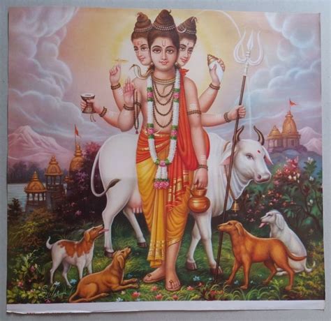 a painting of the hindu god with his two cows and three dogs in front ...