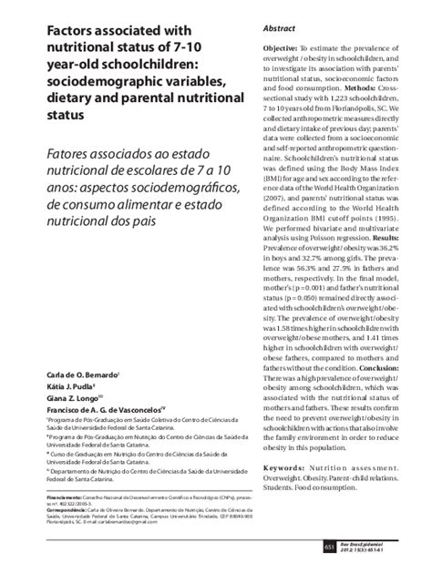 Pdf Fatores Associados Ao Estado Nutricional De Escolares De 7 A 10