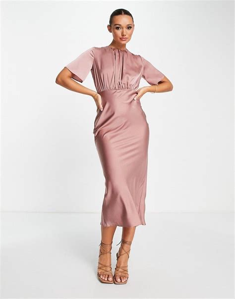 Asos Design Bridesmaid Satin Midi Dress With Flutter Sleeve And Open Back In Toffee Asos