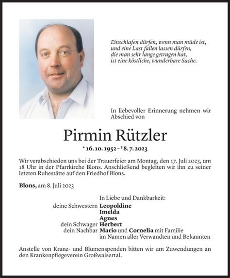 Todesanzeigen Von Pirmin R Tzler Todesanzeigen Vorarlberger Nachrichten