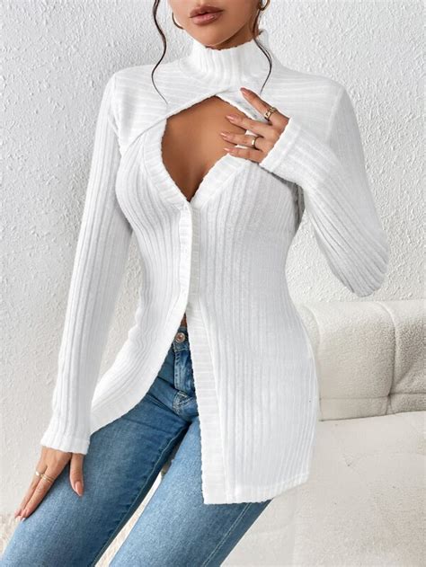 Shein Priv Mock Neck Cut Out Front Button Detail Ribbed Knit In