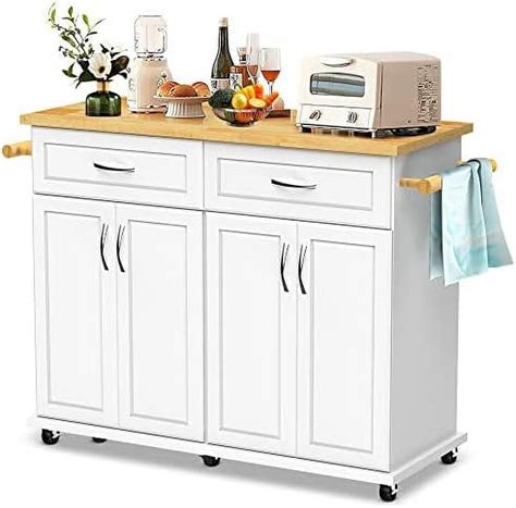 Kitchen Island Cart On Wheels With Cabinet Rubberwood Countertop