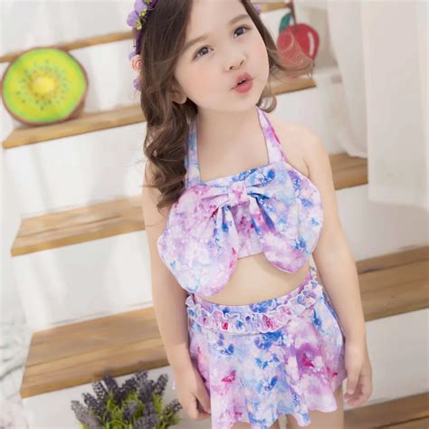 2018 Lovely Girl Bowknot Colorful Swimsuit Summer Two Pieces Swimwear