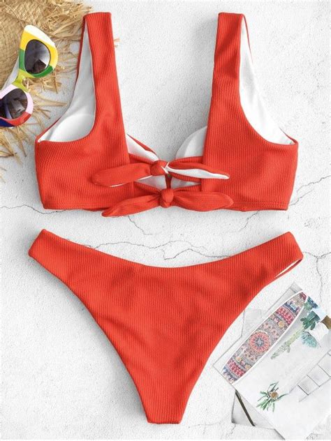 Zaful Back Knot Tank Bikini Set In Lava Red Zaful 2024