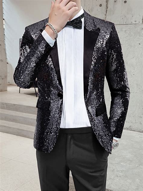 Men S Streetwear Party Sparkle Blazer Regular Regular Fit Sequin Black