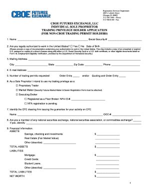 Sole Proprietor Application For Trading On CFE For CFE CBOE Form Fill