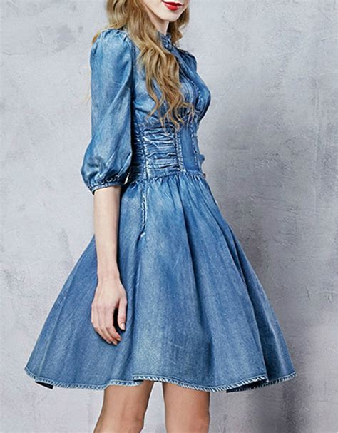 Front Laced Mid Length Sleeve Short Denim Dress Sofiq