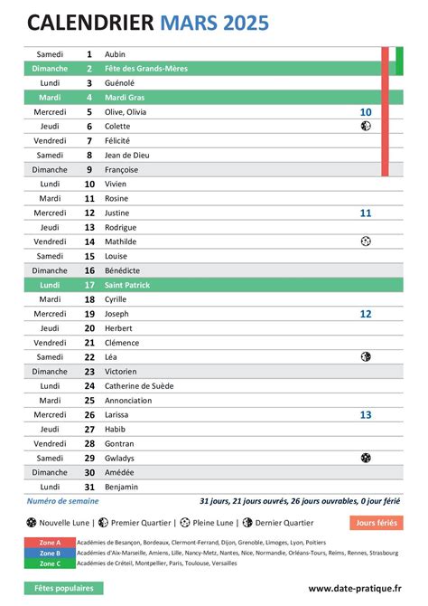 Calendrier Mars 2025 Gratuit à Imprimer PDF et Fêtes