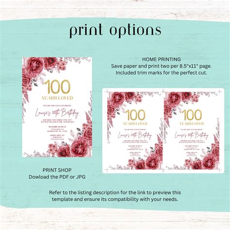 100th Birthday Invitations, Printable 100th Birthday Party Invitation ...