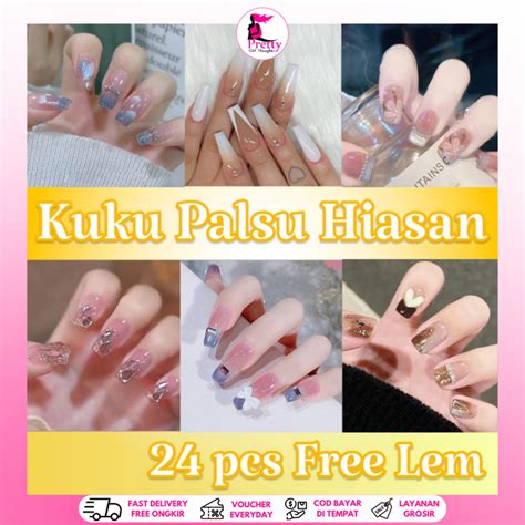 Jual Pretty Pcs Kuku Palsu Motif Random Pita Natal Free Lem Gr Fake