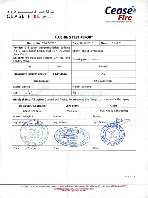 flushing test report  fire system  plumbing hydraulics