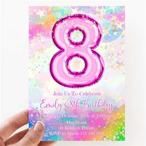 8th Birthday Invitation Editable Pink Fairy Lights Birthday Etsy