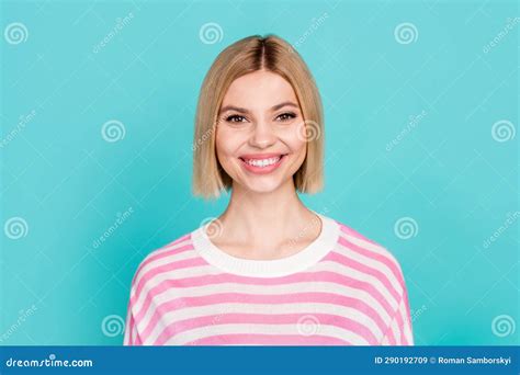 Photo Of Cheerful Positive Girl Dressed Striped Sweater Smiling Showing