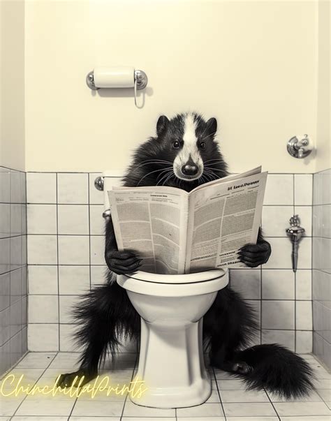 A Skunk Sits On The Toilet And Reads A Newspaper Fun Wall Decor In The