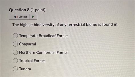 Solved The Highest Biodiversity Of Any Terrestrial Biome Is