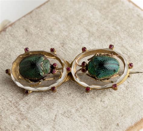 Rare Antique Double Scarab Quartz Brooch With Rubies Gem