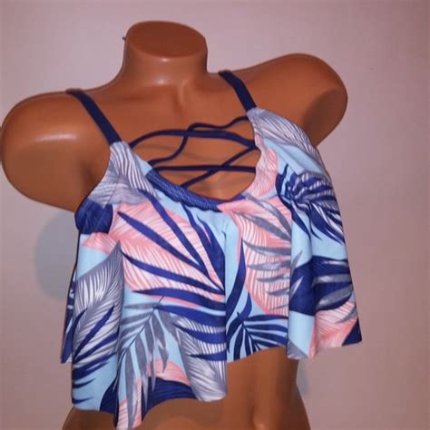 Swim Bikini Top Large Blue Orange Floral Flounce Ruffle Wireless EBay
