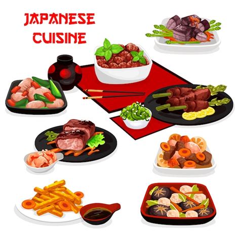 Platos japoneses de carne y verduras con salsas asiáticas Vector Premium