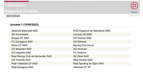 Calendario De Segunda Divisi N Para La Temporada Primera