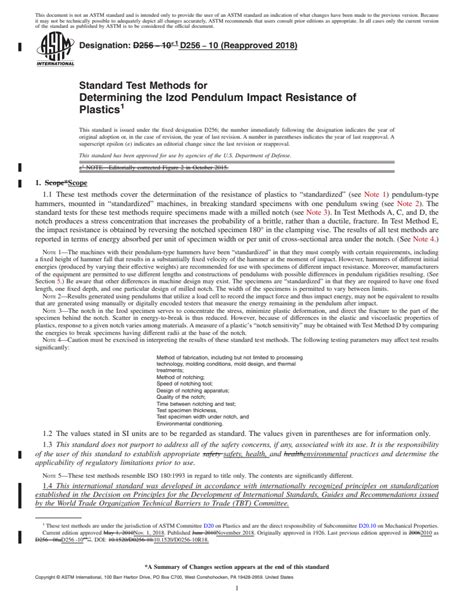 ASTM D256 10 2018 Standard Test Methods For Determining The Izod