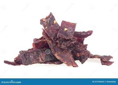 Pieces Of Beef Jerky Meat Isolated On White Background Spiced Jerky