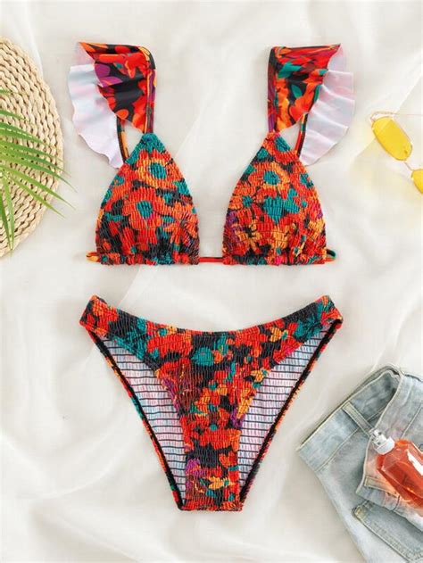 Random Floral Print Bikini Set Smocked Ruffle Trim Triangle Bra