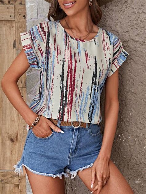 Shein Lune Brush Print Batwing Sleeve Blouse Shein Usa