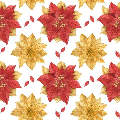 Christmas Red Gold Poinsettia Watercolor Seamless Pattern Background