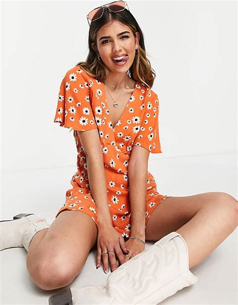 Stradivarius V Neck Mini Tea Dress In Orange Floral Print Asos