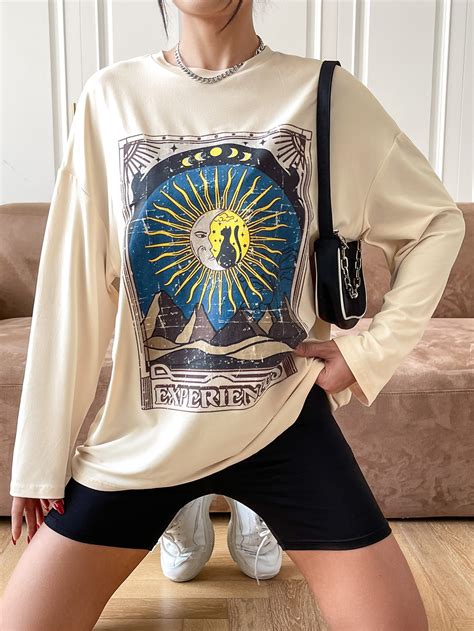 Shein Ezwear Sun And Moon Print Drop Shoulder Tee Shein Usa