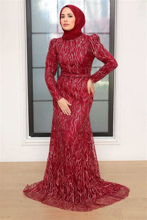 Neva Style Luxury Claret Red Muslim Fashion Wedding Dress 22633BR