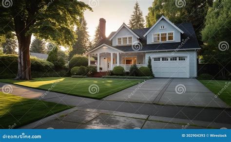 Beautiful Suburban Home With A Driveway Lined With Lush Green