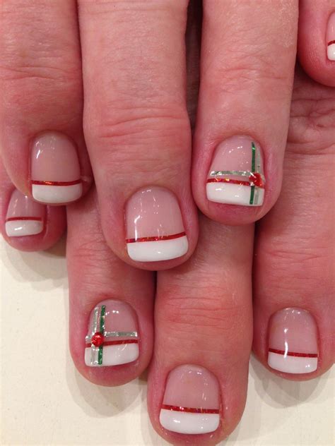 French Manicure In Bio Sculpture Gel With Red Green And Silver Striping