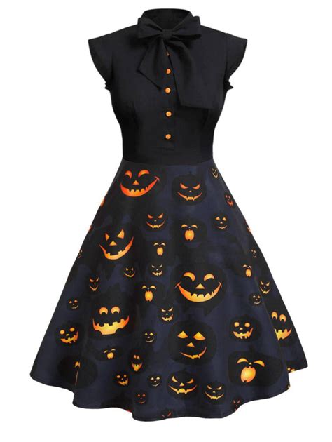 Black 1950s Halloween Pumpkin Patchwork Dress Retro Stage